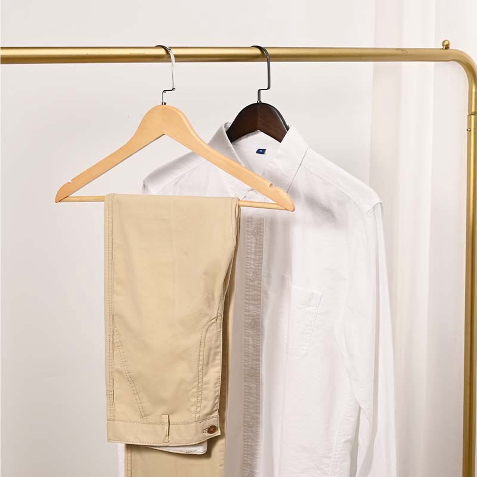 10 Pack Wooden Hangers Solid Wood Coat Hangers with Rotating Hooks and Pant Bar for Shirts Jackets Dresses Suits Closet Organization Heavy Duty Clothes Hangers