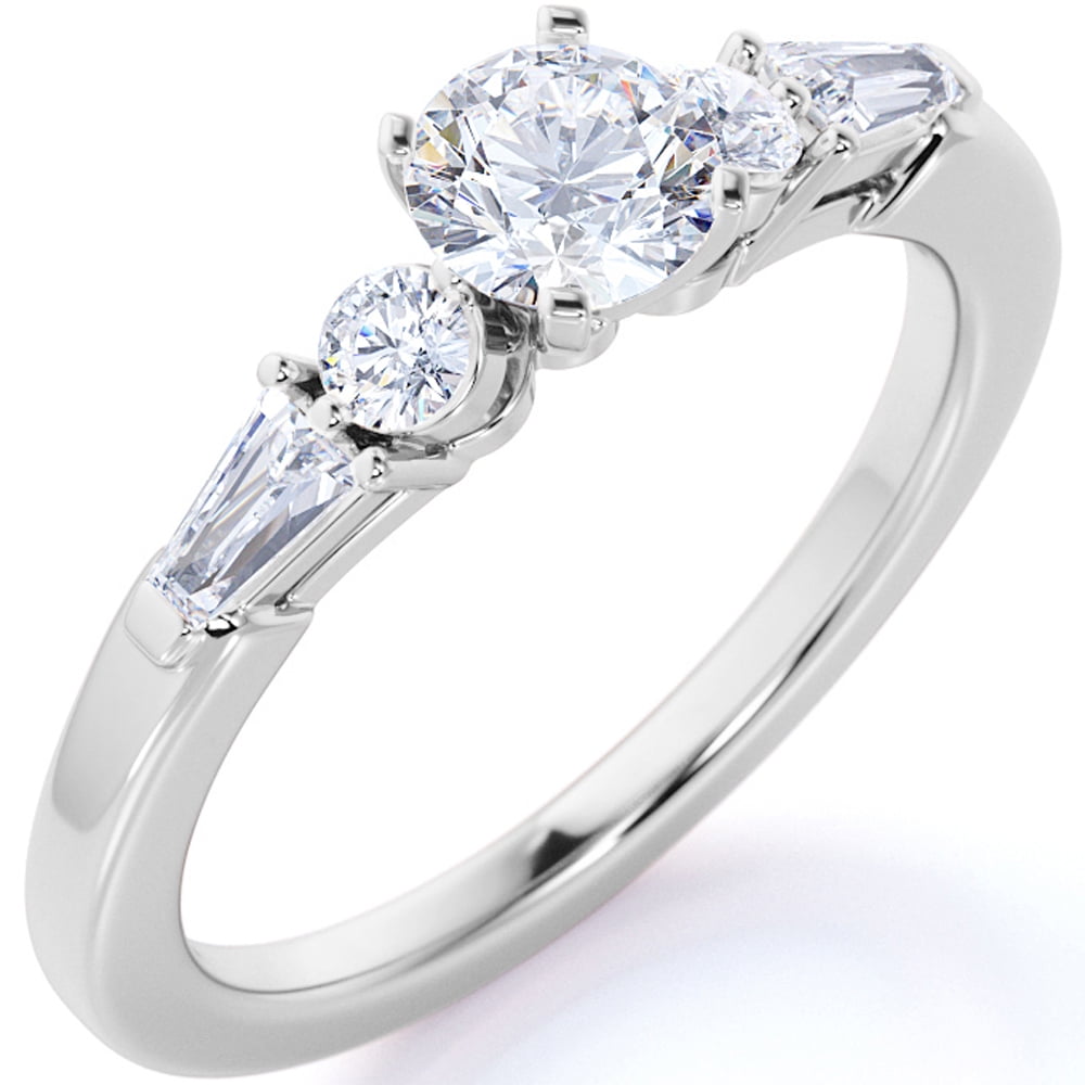 JeenMata 1 Carat - Real Round & Tapered Baguette - 5 Stone Moissanite Ring - Art Deco Engagement Ring in 18K White Gold over Silver