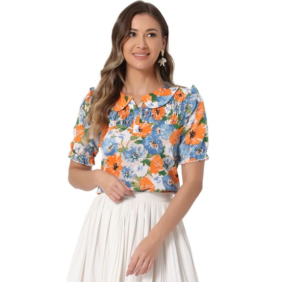 DARING DIVA Women's Puff Short Sleeve Ruffle Vintage Floral Blouses S Orange Blue