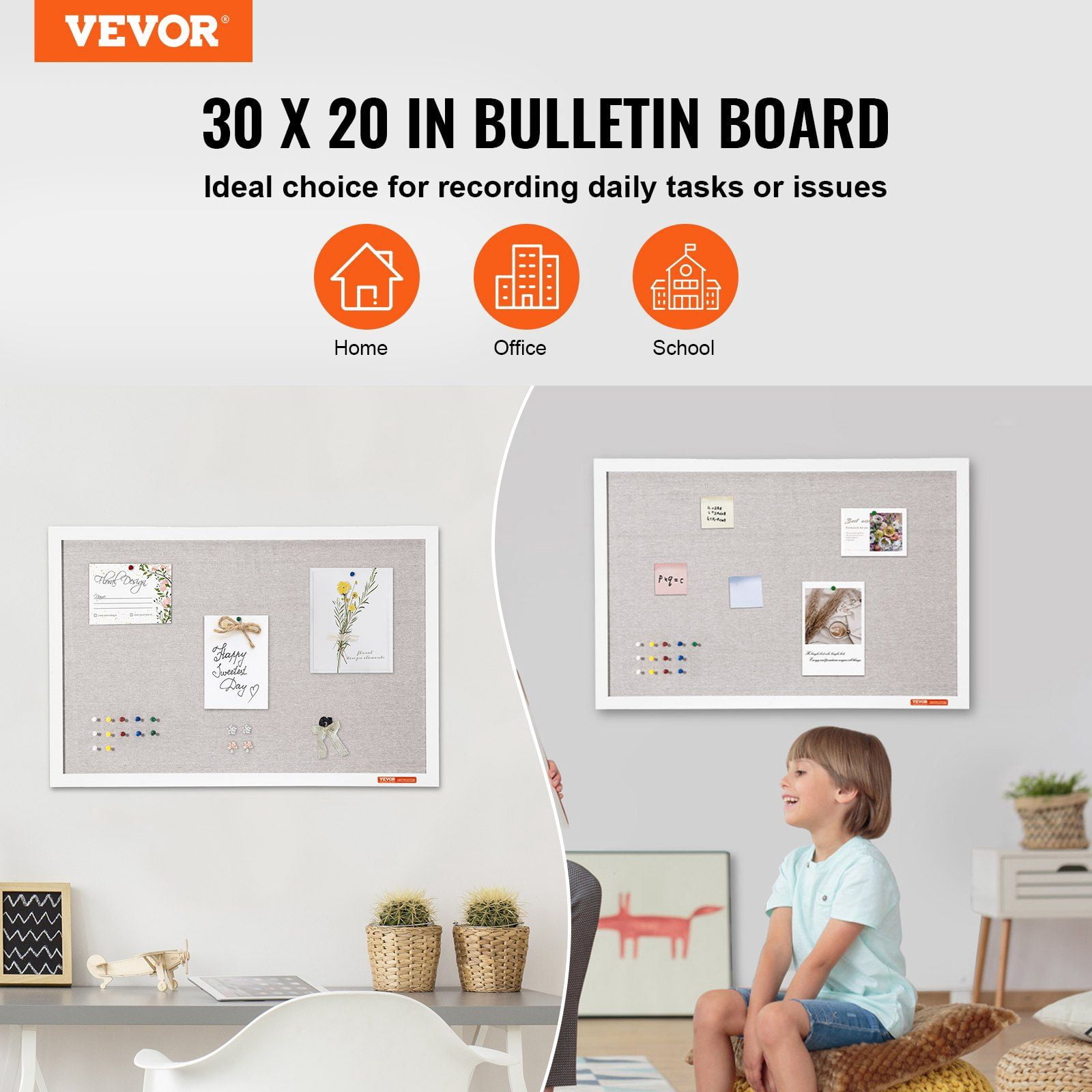 HCY 30"x20" White Cork Board with Linen Surface Wall-Mounted Bulletin Board