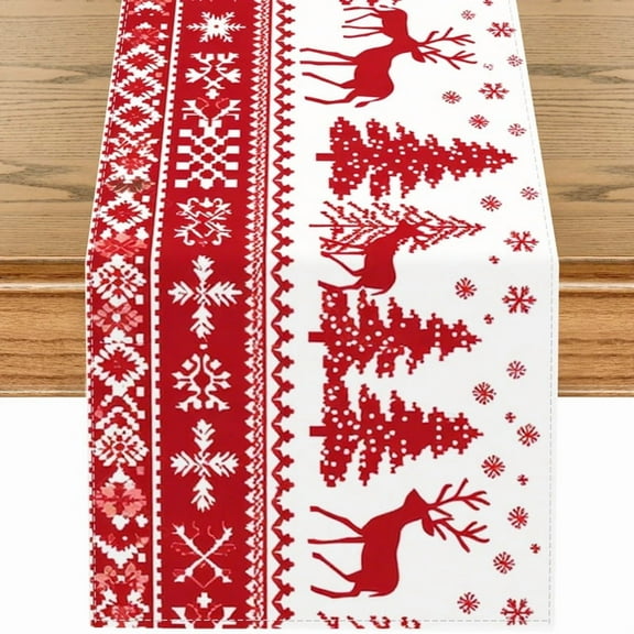 Red Christmas Table Runner 13x72 Inch Pine Branches Snowflakes Winter Kitchen Dinning Table Decoration for Home Party Decor