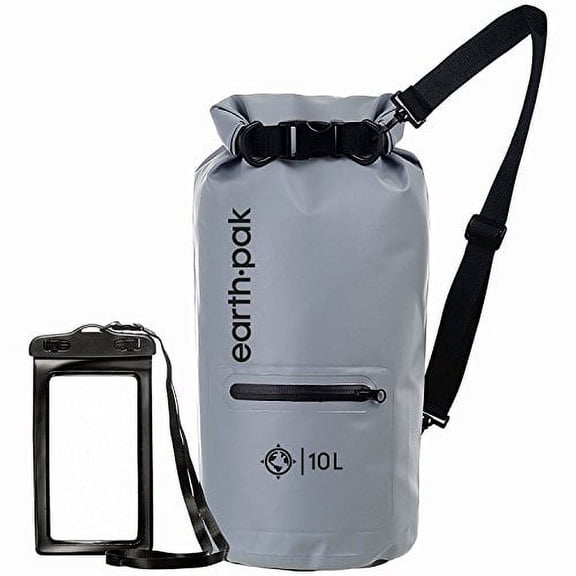 Earth Pak Waterproof Dry Bag with Front Zippered Pocket Keeps Gear Dry, Gray