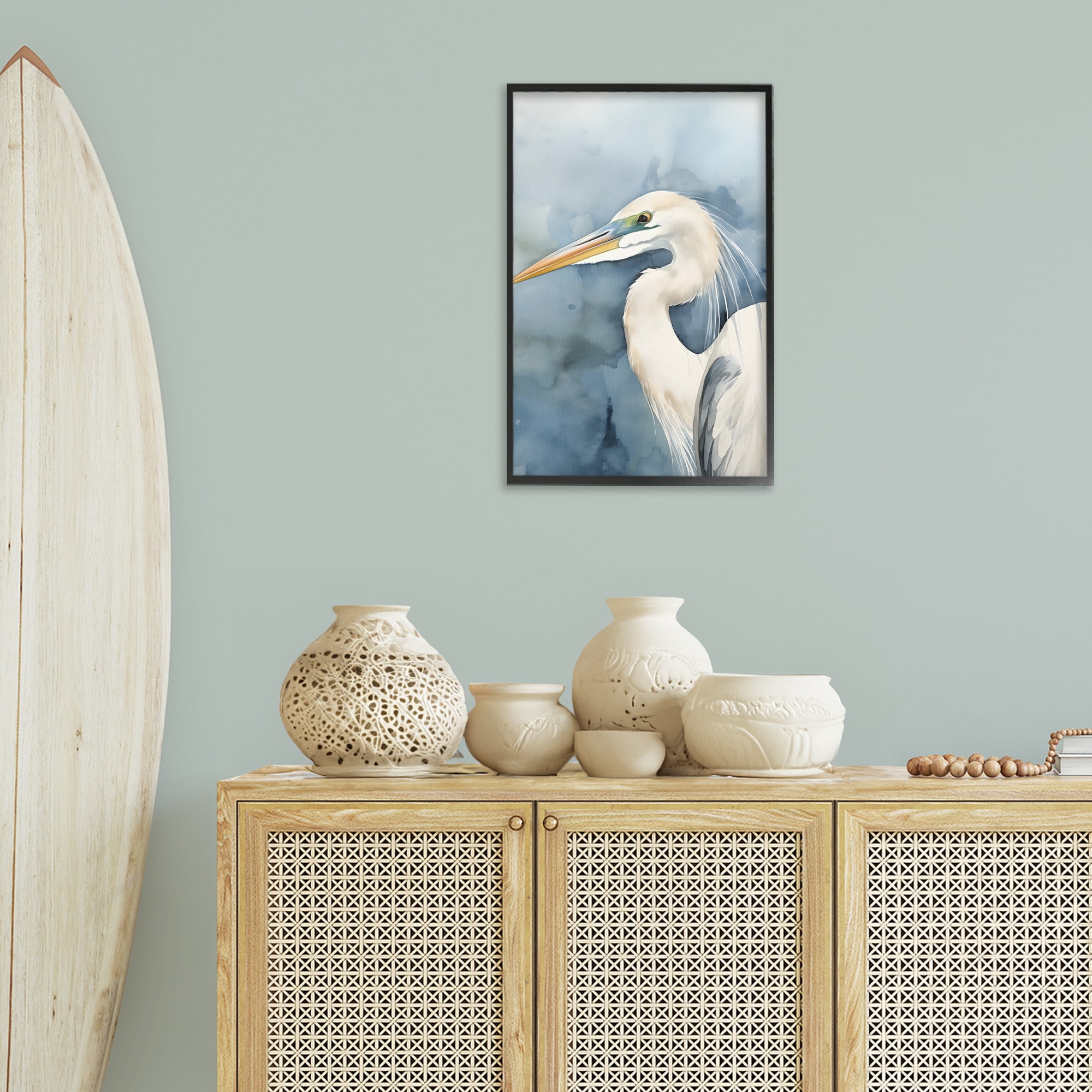 Stupell Industries Beach Bird on Blue Animals & Insects Painting Black Framed Art Print Wall Art, 16 x 24