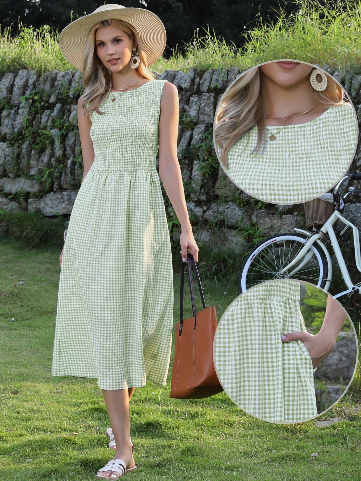 DARING DIVA Women's Gingha Sleeveless Flowy Vacation Smocked Dress XS Light Green