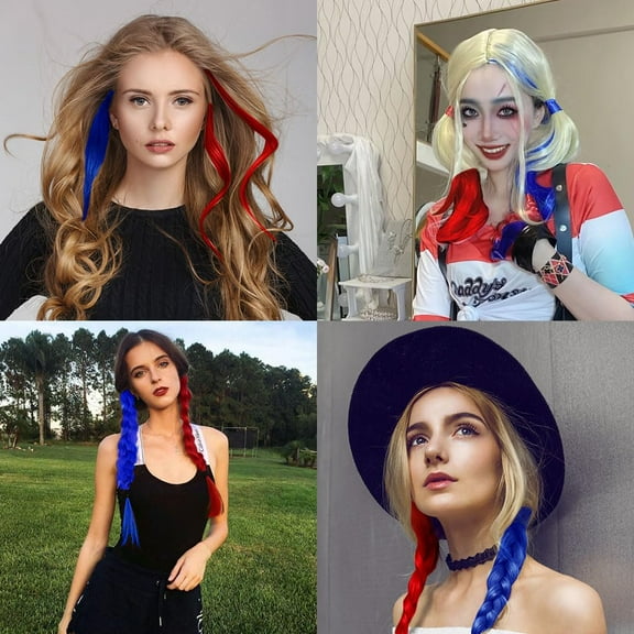 FGERFE-22 inch Colored Hair Extensions Straight Hairpiece,Multi-colors Clip in Hair Extensions Party Highlights, Hairpieces Accessories for Girls Women Kids Gift (Red/Blue)