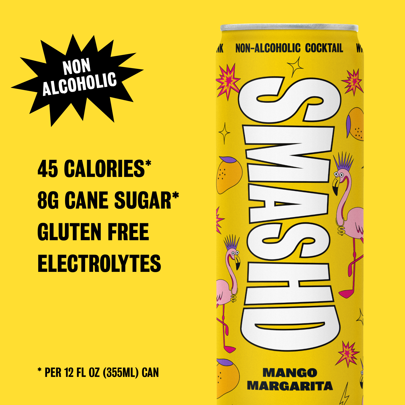 SMASHD Alcohol-Free Mocktails, Non-Alcoholic Beverage Flavored Sparkling Water, Tequila alternative No Artificial Flavors, Caffeine-Free, with electrolytes, 12 Oz&nbsp; (Mango Margarita, 12 Pack)