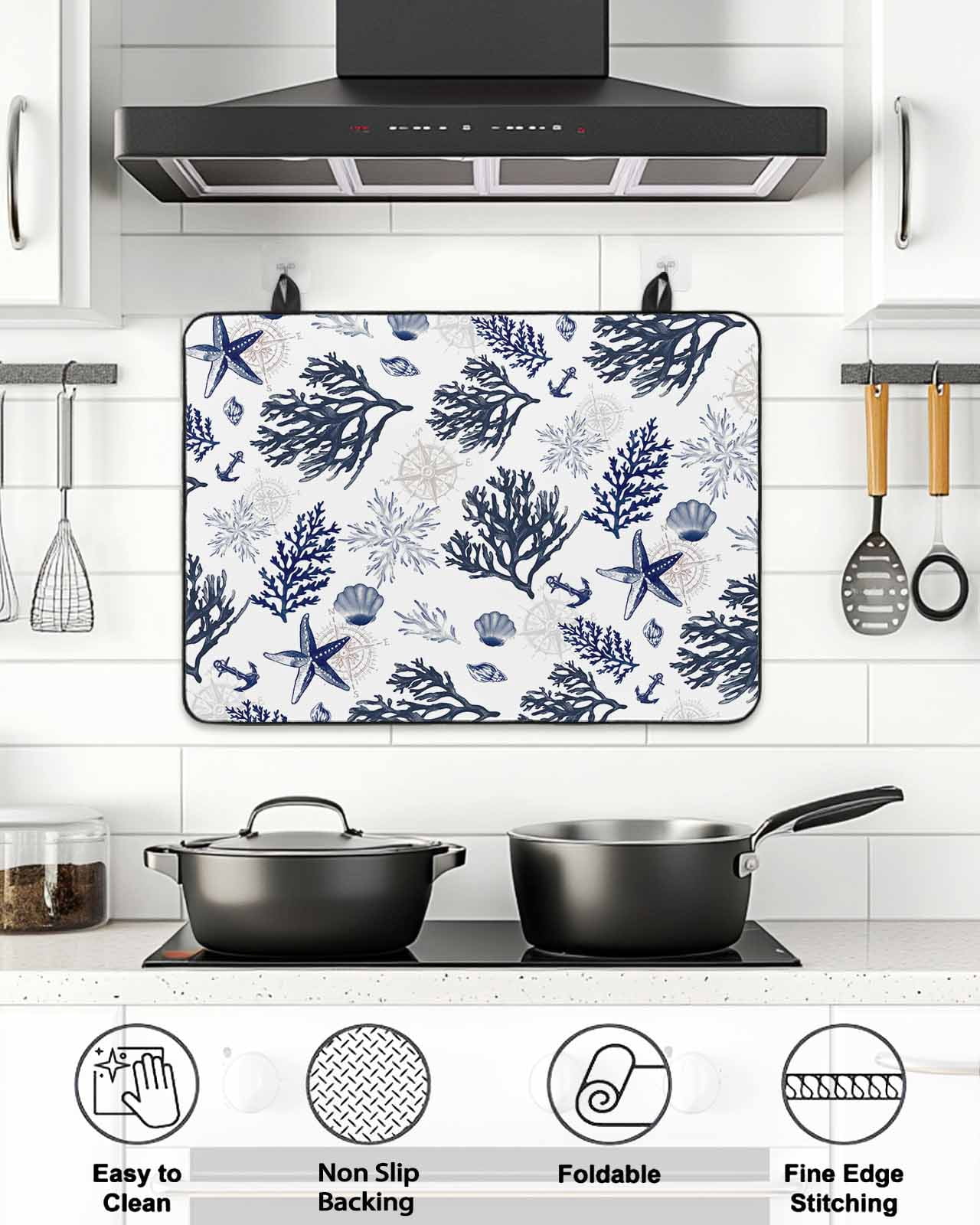 Stove Top Covers for Electric Stove, Navy Blue Coastal Glass Stovetop Cover Protector, Coral Shell Summer Beach Nautical Induction Cooktop Protector Oven Mat for Kitchen Countertop 24"x21"