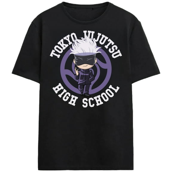 Jujutsu Kaisen Chibi Satoru Tokyo High School Logo Adult Black Crew Neck Short Sleeve T-shirt-3XL