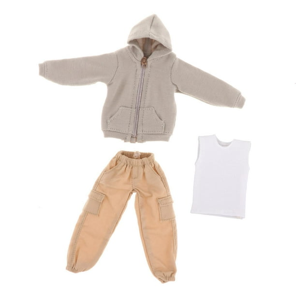 Ropa de hombre de moda a escala 1/12, suéter con capucha, pantalones cargo y camisetas sin mangas, traje deportivo clásico hecho a mano para cuerpo de Caqui Hugo Sudadera con capucha de muñeca