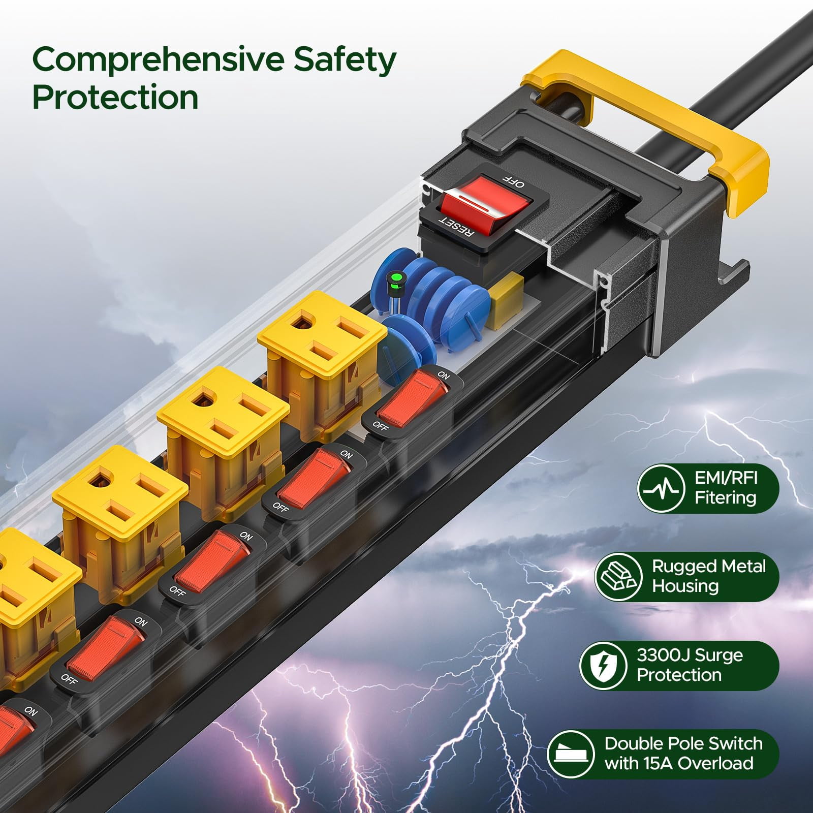 8 Outlet Heavy Duty Power Strip with Individual Switches, 3300J Metal Surge Protector Power Strip with Flat Plug, 15A Circuit Breaker, Wide Spaced, Cord Management, 6Ft Cord