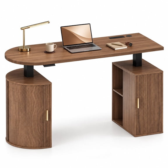 55.12"L Electric Standing Desk with Storage, Height Adjustable Executive Fluted Desk with Curved Cabinets, Computer Desk with Power Strip for Home Office, Walnut