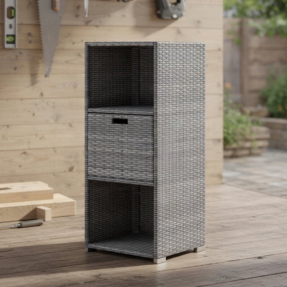 Kadyn Weather‑Resistant PE Rattan Outdoor Storage Cabinet with Removable Drawer, Multi‑Purpose Patio Organizer for Backyard, Poolside and Porch, Gray