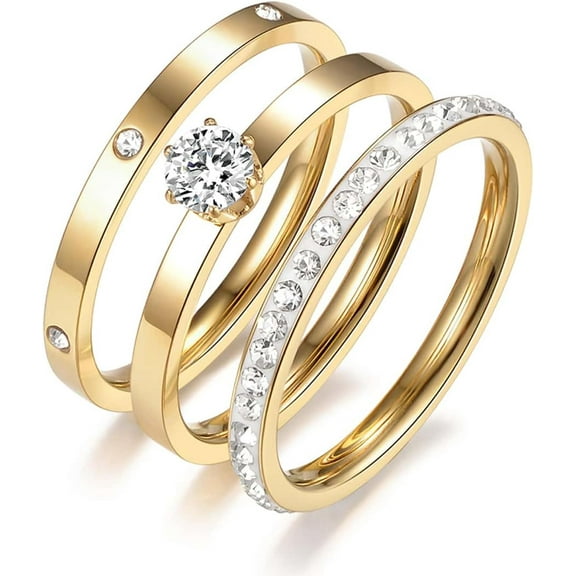 Rings for Women, Gold Rings with Heart Round Cubic Zirconia Moissanite Ring 3 in 1 Set 18K Gold Plated Stainless Steel Stackable Rings for Women Size 5-10