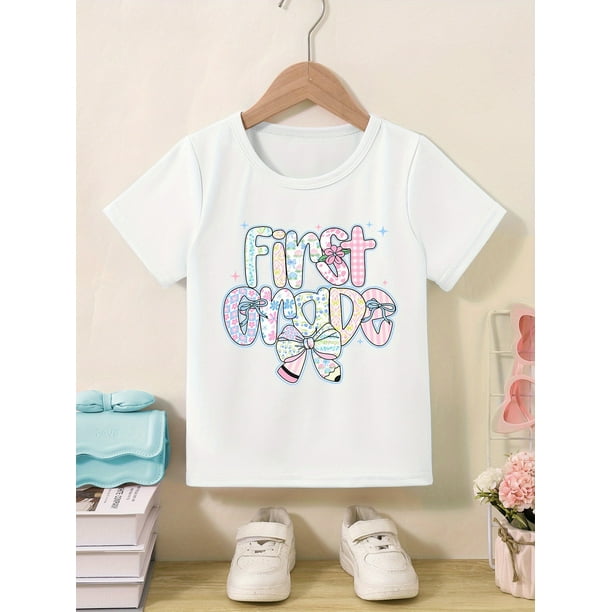 Girls' First Grade Birthday Celebration T-Shirt - Pastel School Graphic Tee, Soft Stretchy Kids Shirt for Preschool to 1st Grade, Machine Washable Birthday Outfit or Everyday Classroom Apparel