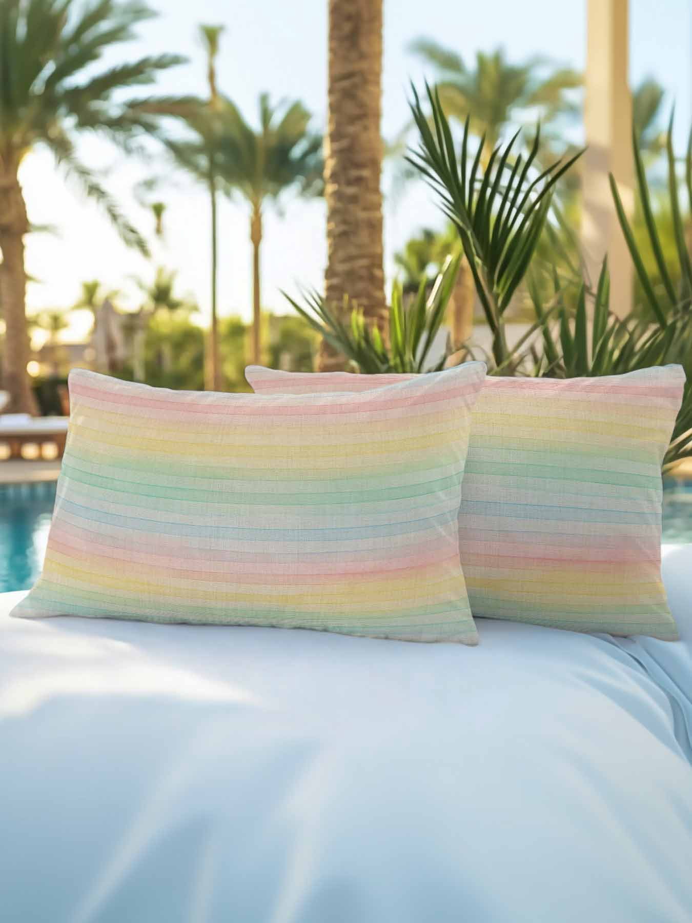 Outdoor Throw Pillow Set of 2, Colorful Striped Waterproof Pillow with Insert Included, Farmhouse Vertical Striped Burlap Rustic Decorative Accent Cushion Lumbar Pillows for Patio Porch, 12 x 20 In
