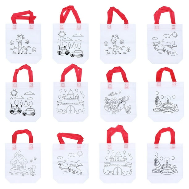 12 Bolsas Tote de Graffiti para Colorear, Reutilizables y Non-Woven, Set de 12 Piezas para Niños (Estilos Surtidos, Sin Marcadores)