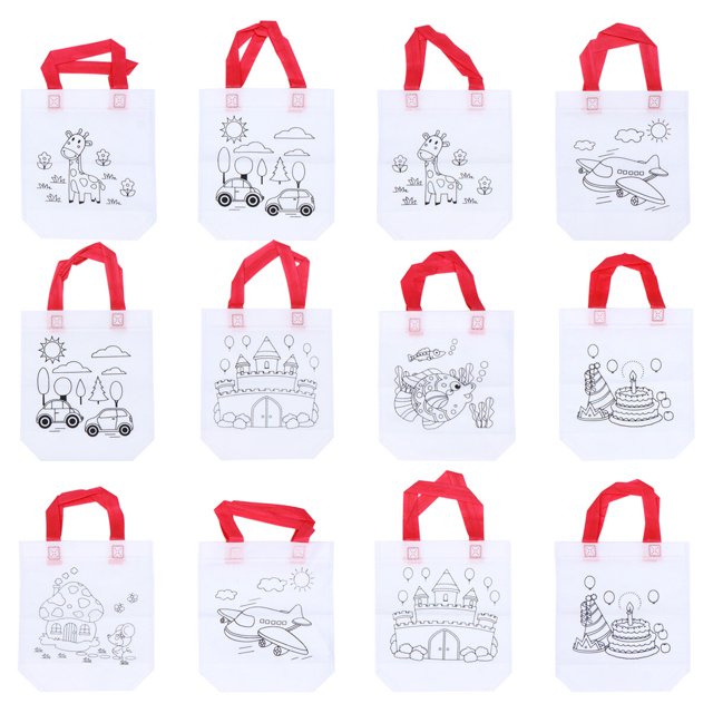 12 Bolsas Tote de Graffiti para Colorear, Reutilizables y Non-Woven, Set de 12 Piezas para Niños (Estilos Surtidos, Sin Marcadores)