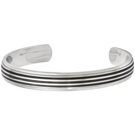 Primal Steel Stainless Steel Polished/Brushed Black Rubber Inlay Cuff Bangle
