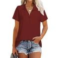 thumbnail image 1 of Blusa de verano de manga corta con cremallera de un cuarto para mujer, camisa holgada de color rojo vino con cuello vuelto, talla L, 1 of 4