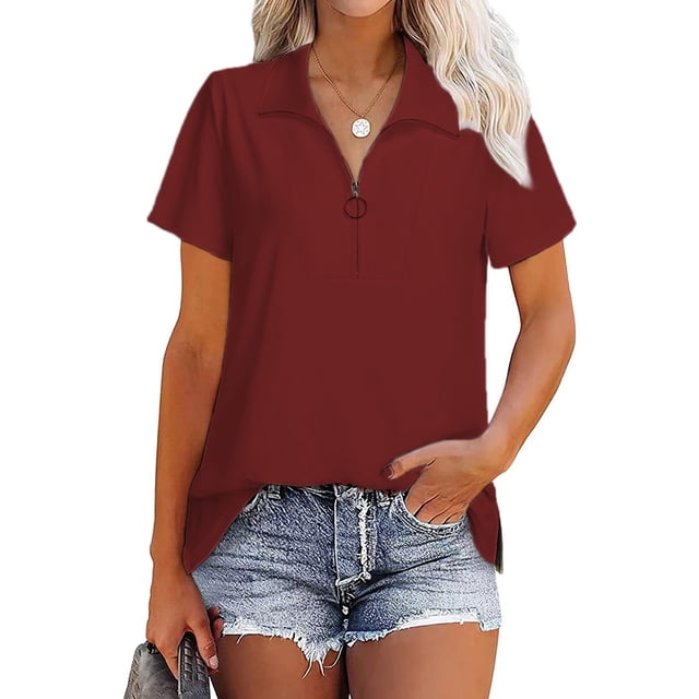 Blusa de verano de manga corta con cremallera de un cuarto para mujer, camisa holgada de color rojo vino con cuello vuelto, talla L