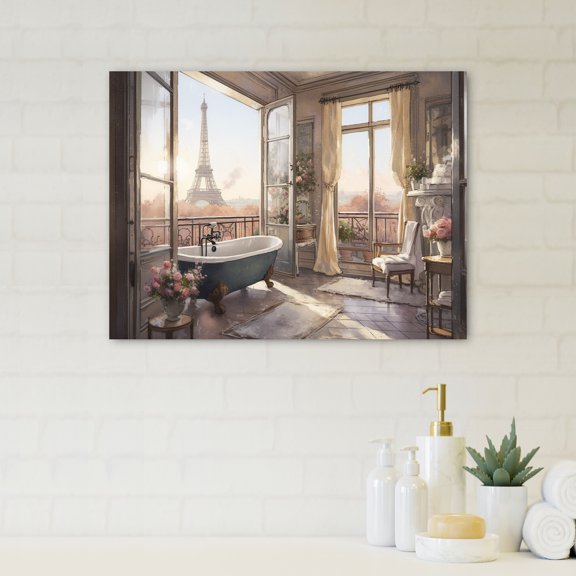 Designart "Bathtub Bliss With A View Of The Eiffel Tower II" Bathroom Floral Canvas Art Print