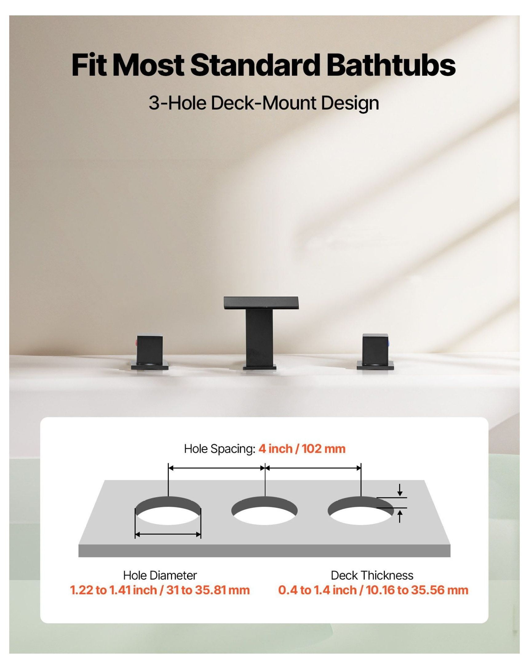 Roman Tub Faucet 3 Hole, Waterfall Bathtub Faucet with Handles, Deck Mount Tub Spout for Pet/Baby, Matte Black, Drip-Free