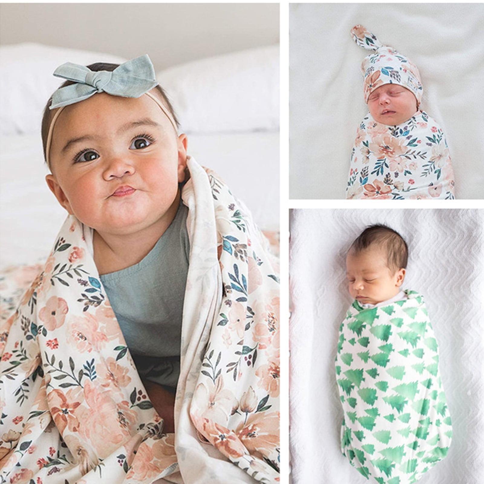 Skin-friendly Blanket Kit Baby Floral Printing Shower Swaddle with Sleeping Hat 