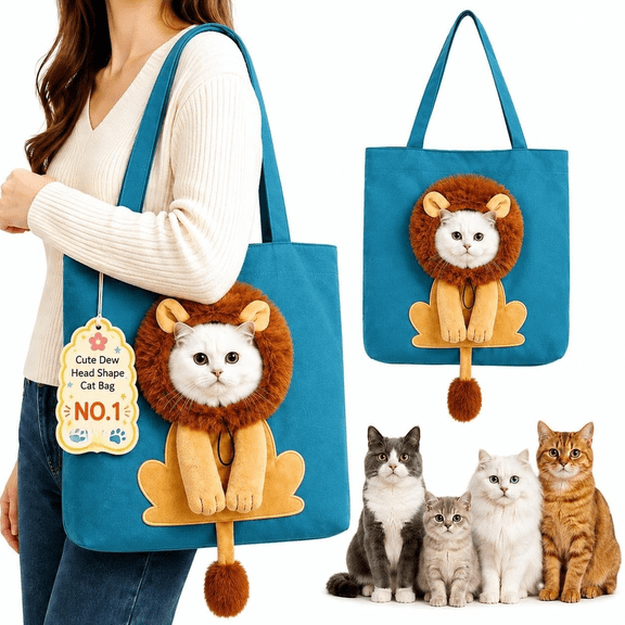 Cute Dew Head Shape Cat Bag Pets Carrier Shoulder Bag Portable Canvas Tote | Breathable Dogs Carrying Adjustable Drawstring Opening Top Snap Inner Tether Clip Foldable Handheld Outdoor