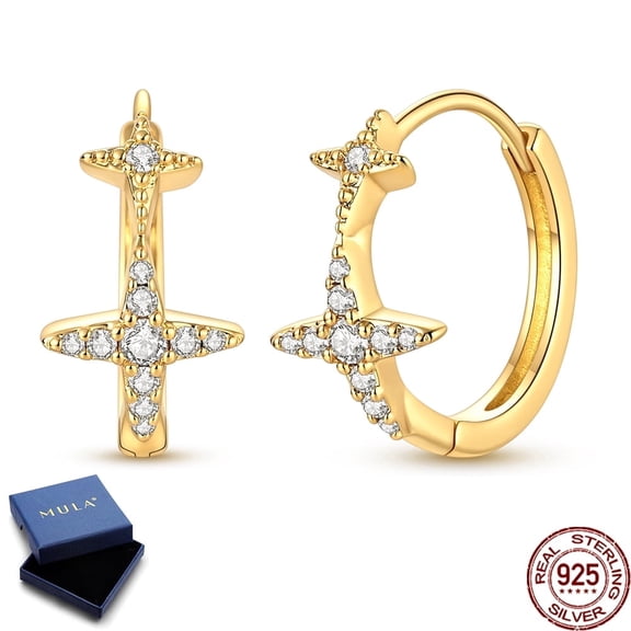 MULA Gold Plated Stars Starry Huggie Hoop Earrings 925 Sterling Silver Sparkling AAA CZ Jewelry Gift for Her