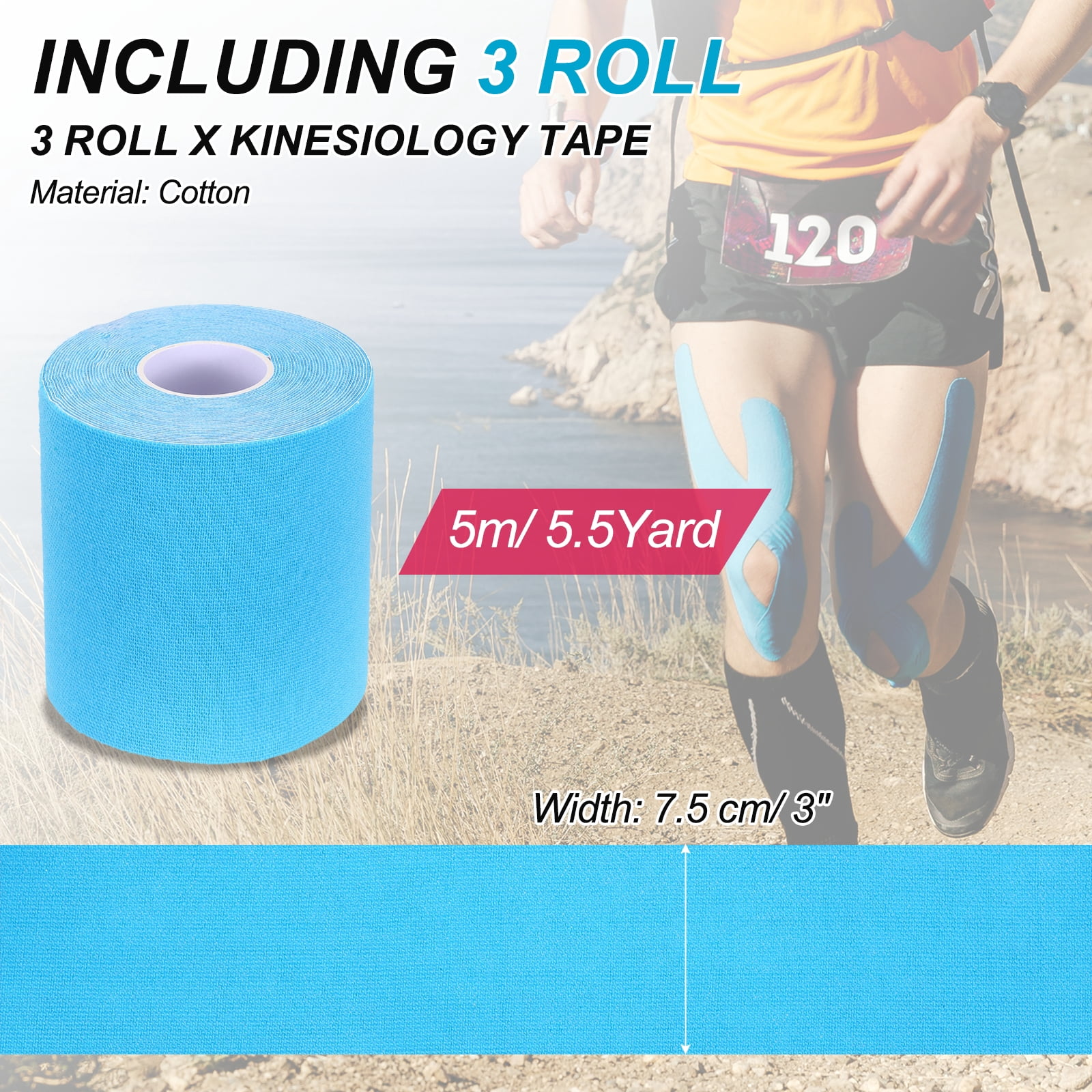 Uxcell 5.5 Yard x 3 Inch Kinesiology Tape, Adhesive Cotton Sports Muscle Support Tapes Waterproof Elastic Tape Light Blue 3 Roll