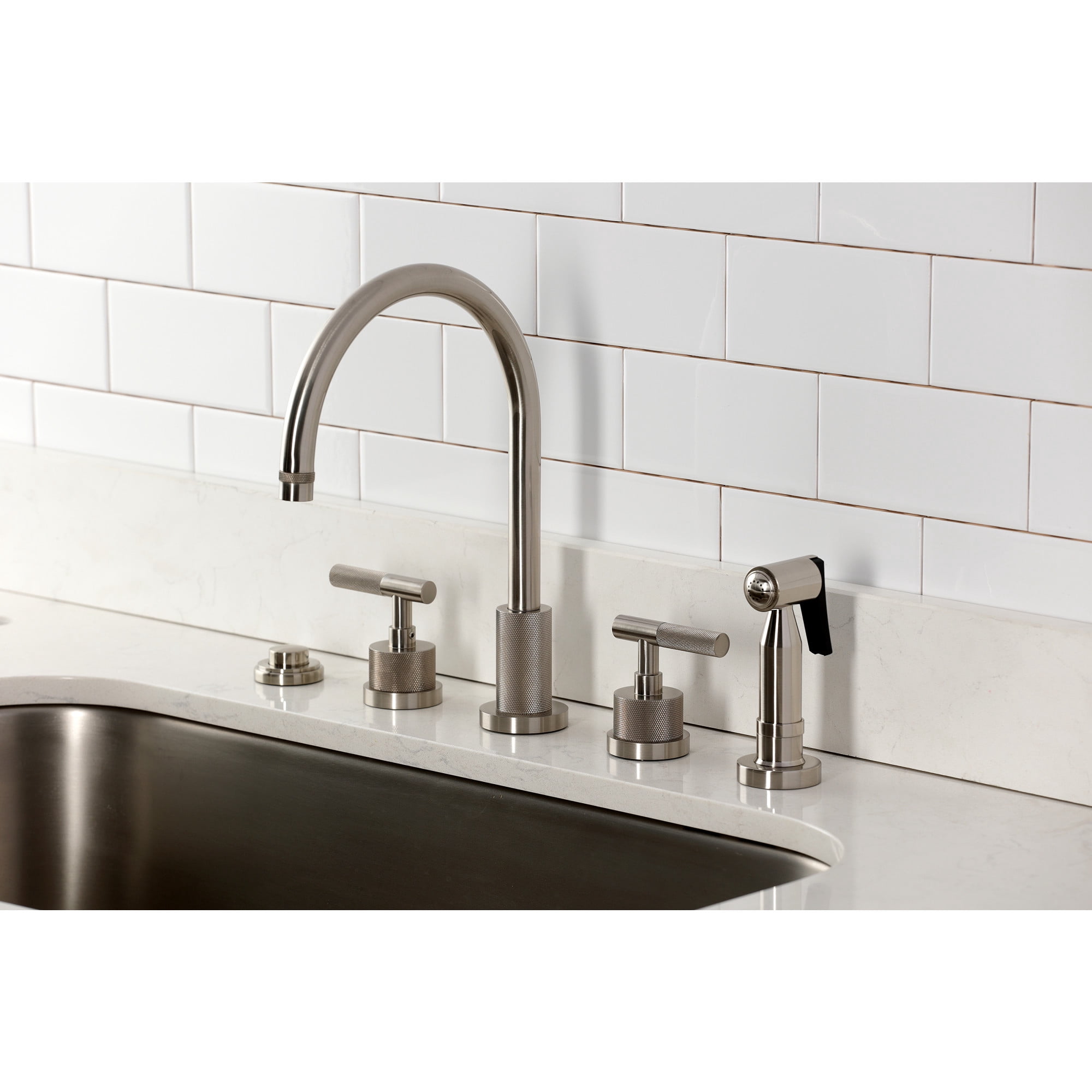 Kingston Brass KS8728KNLBS Convergent Double-Handle 4-Hole Widespread Kitchen Faucet with Knurled Handle 4-Hole and Brass Sprayer in Brushed Nickel
