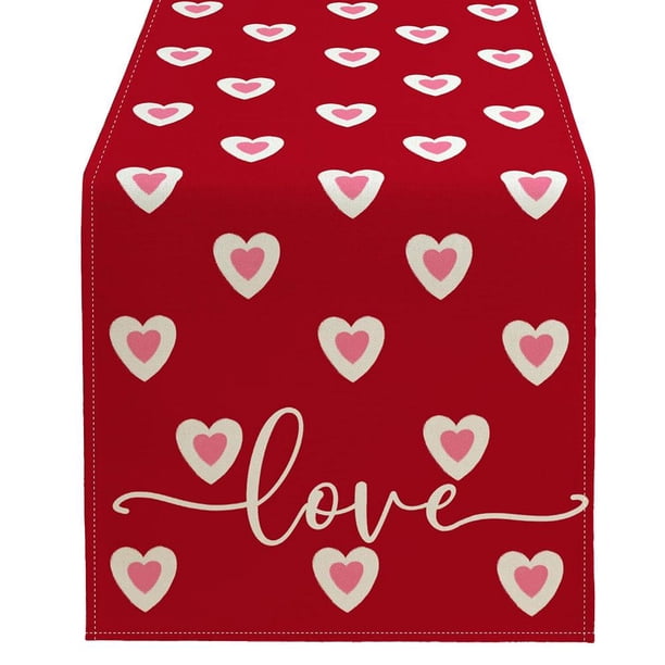 TQEHS Camino de mesa para el día de San Valentín, decoración de mesa con forma de corazón rojo de 72 x 13 pulgadas, decoración de mesa de comedor con forma de corazón de arpillera de estilo rústico, m