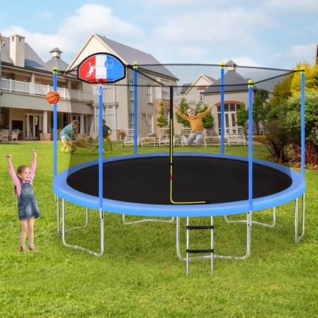 Euroco 15  Round Trampoline with Safety Enclosure  Basketball Hoop and Ladder