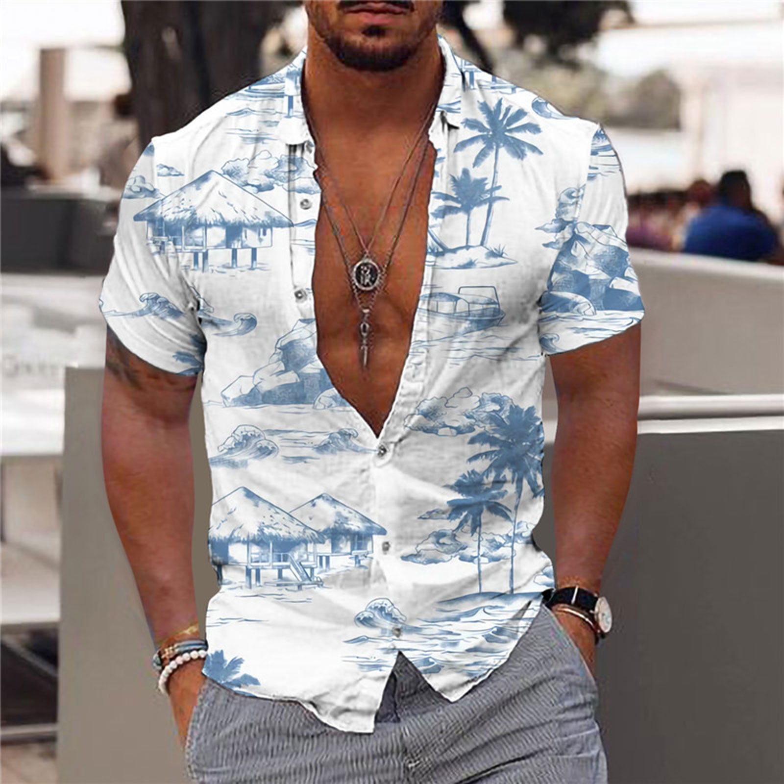 ZCFZJW Summer Casual T-Shirts for Men Trendy Button Down Short Sleeve  Tropical Palm Tree Graphic Tee Shirts Loose Regular Fit Vacation Hawaiian  Shirt 