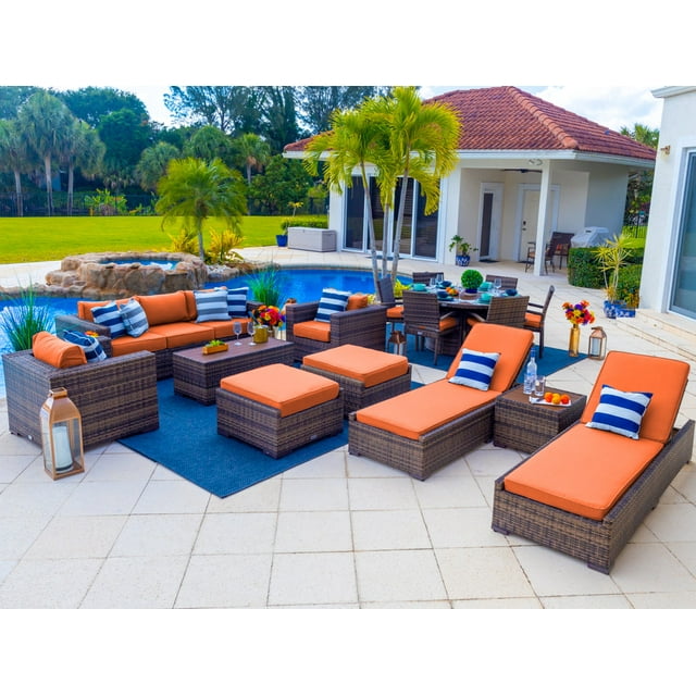 Sorrento 16-Piece Resin Wicker Outdoor Patio Furniture Combination Set in Brown w/ Sofa Set, Round Dining Set, and Chaise Lounge Set (Flat-Weave Brown Wicker, Sunbrella Canvas Tuscan)
