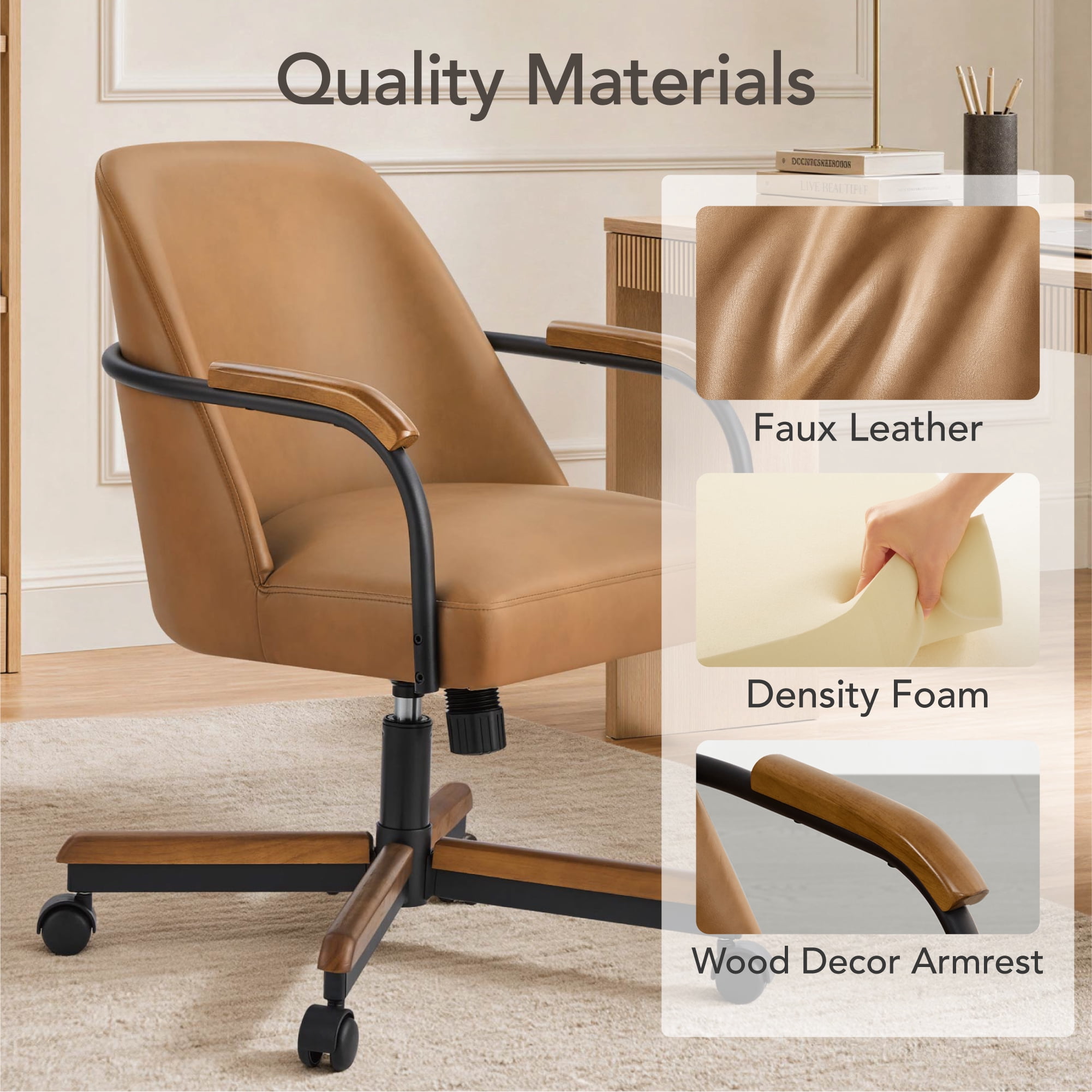 Spruce & Spring Swivel Dining Chairs Set of 2, Upholstered Tilt Chairs with Caster Wheels, Metal Frame & Wood Accents, for Dining Room, Kitchen & Home Office, Brown Faux Leather