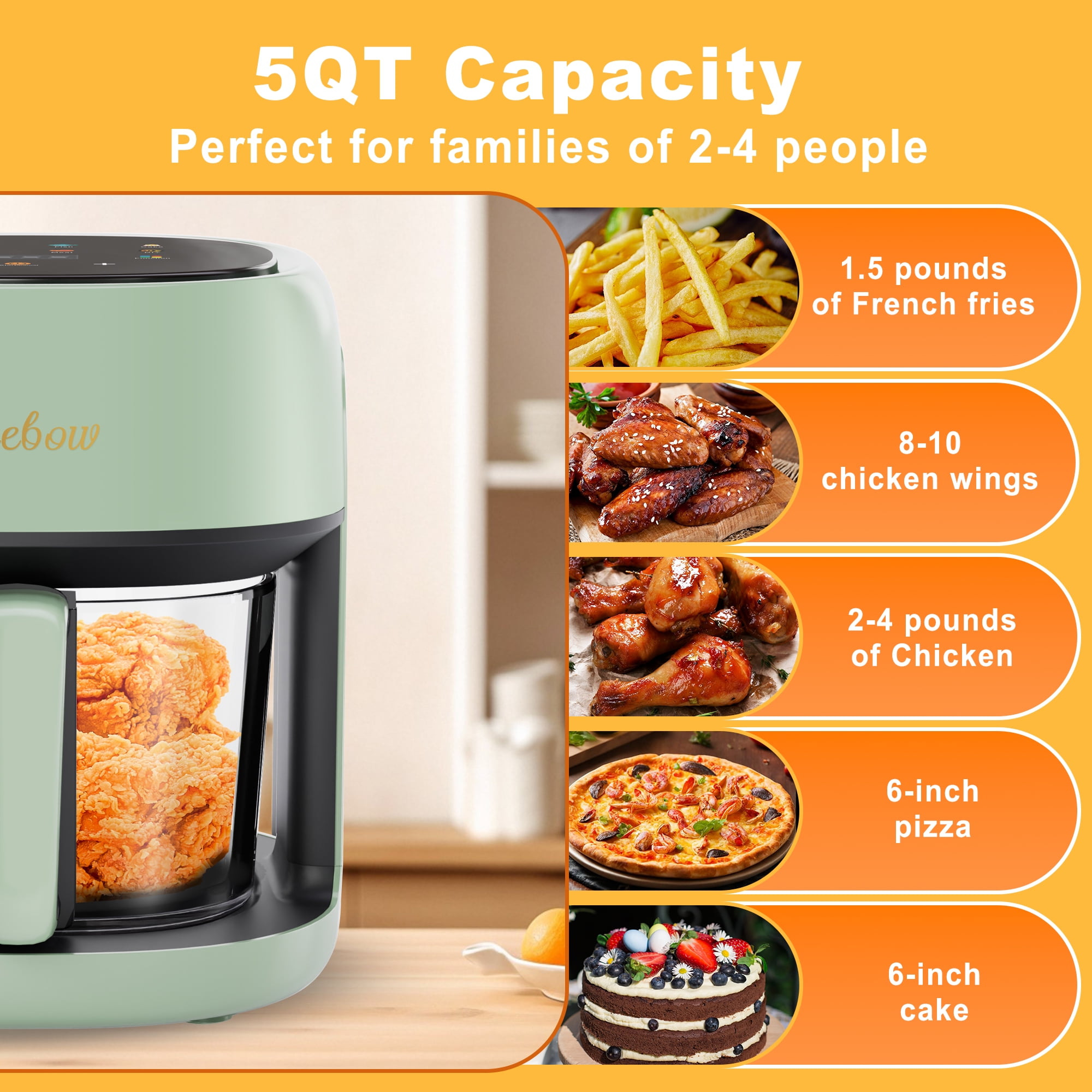 Bluebow 5 Quart Air Fryer with 360° Viewing Glass Pot, 8-in-1 Digital Touchscreen, Nonstick & Dishwasher Safe Basket, Less Oil, 1350W (Green)