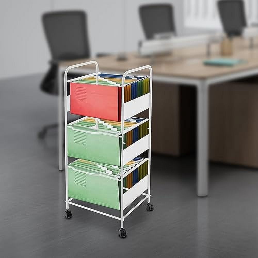 3 Tiers Metal Rolling File Carts with Wheels Hanging Files for Letter Size Movable Pull-Out File Folder Rack Drawer File Cabinet for Home Office