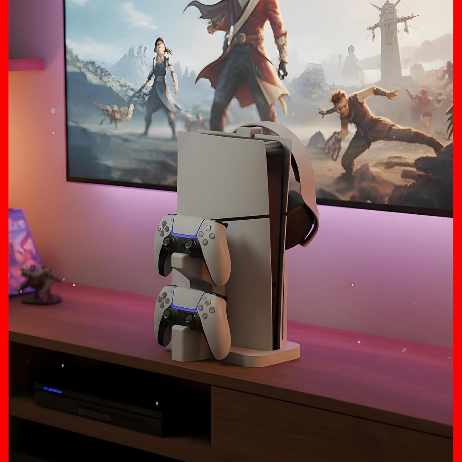 PS5 Slim Vertical Stand with Dual Controller Charger, Silent Fanless Charging Station with Headphone Holder, for PlayStation 5 Slim Disc & Digital