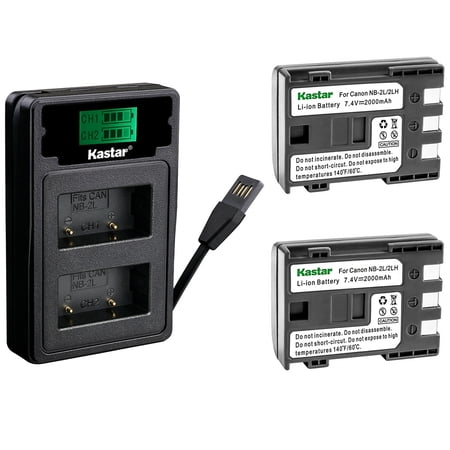 Kastar 2-Pack Battery with LZD2 USB Dual Charger Compatible with Canon NB-2L NB-2LH NB-2L12 NB-2L14, EOS 350D 400D Rebel XT XTi PowerShot G7 G9 S70 VIXIA HV20 HV30 ZR Series Camcorder