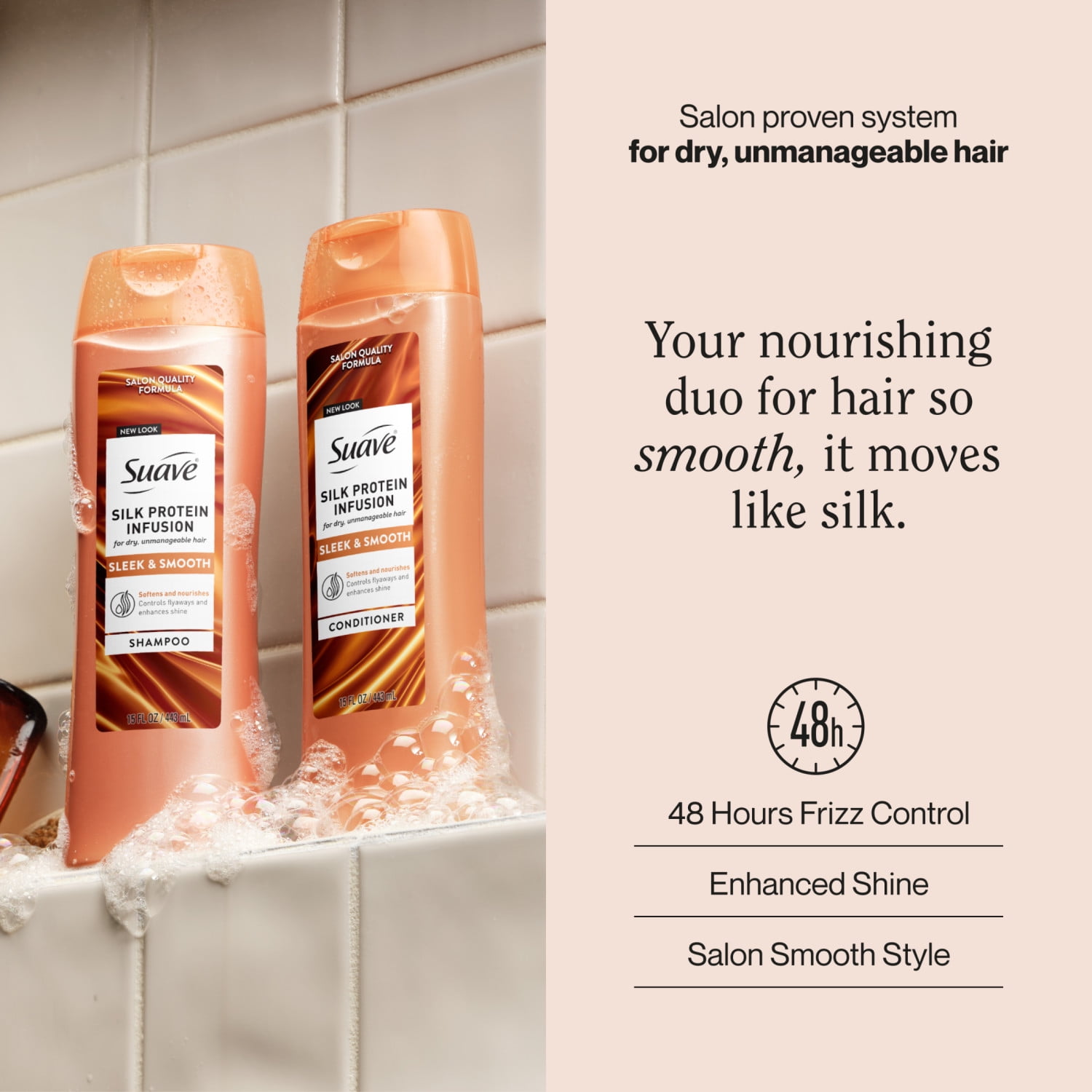 Suave Silk Protein Infusion Smooth & Sleek Shampoo & Conditioner Value Pack, 2 x 15 FL OZ