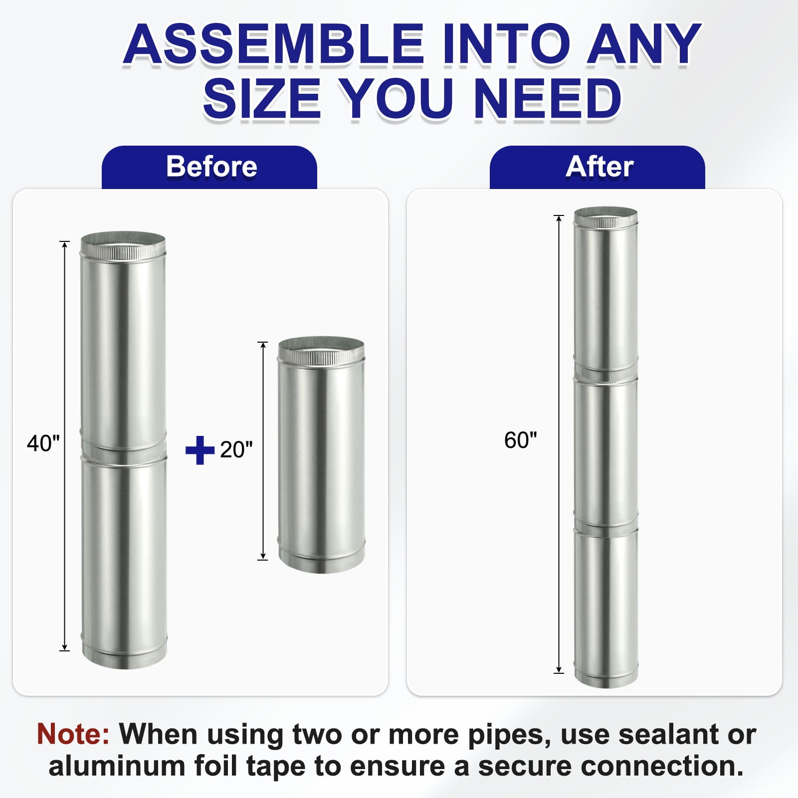 Uxcell 4 x 20 Inch Round Dryer Duct, 1PCS Galvanized Steel Crimped Straight Air Vent Duct Extension Coupler Pipe Adapter Connector for HVAC Dryer Hood Ventilation Chimney, Silver