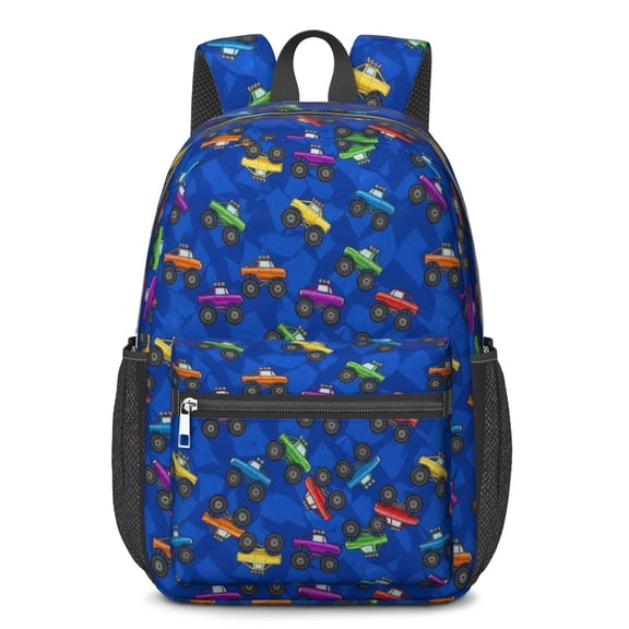 Monster Cartoon Truck Blue Pattern 17" Waterproof Oxford School Backpacks for Teens, S-Shape Padded Straps, for School, Travel, Hiking, Camping