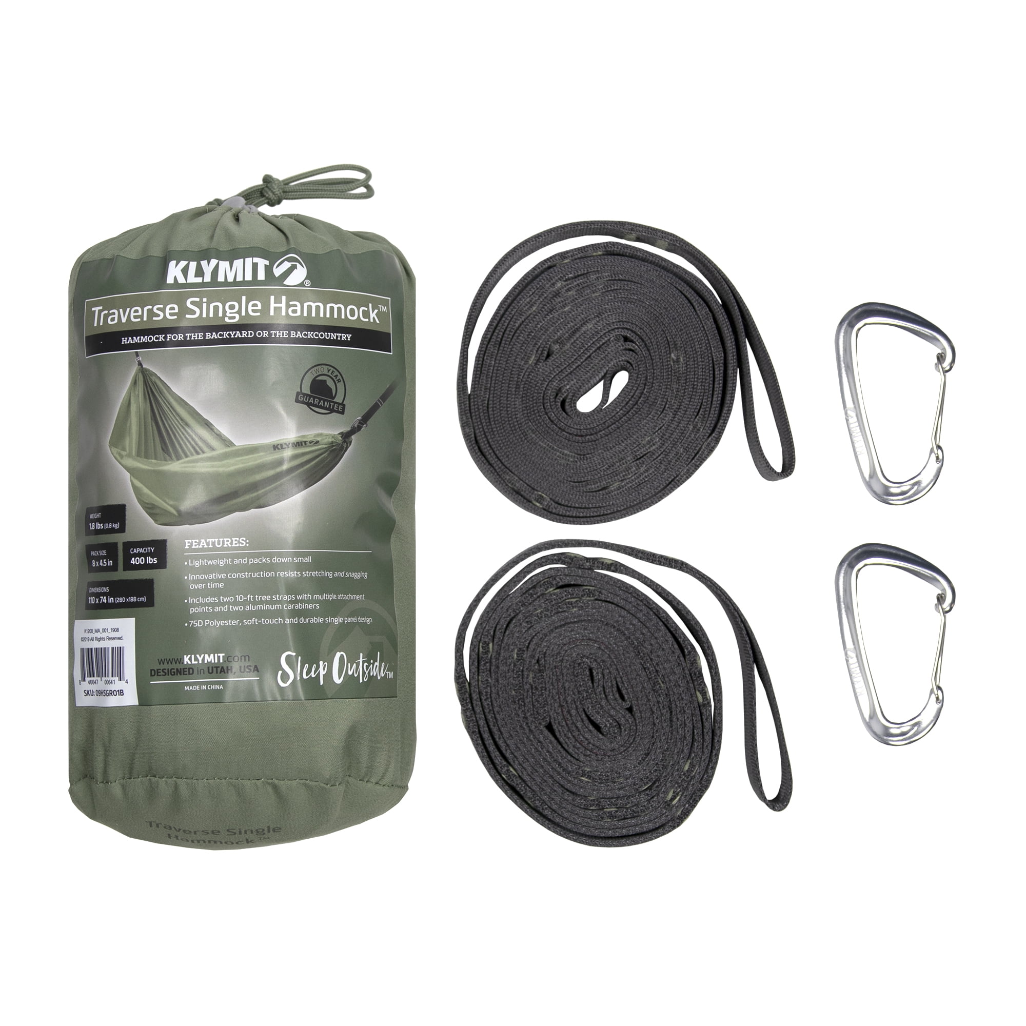 Klymit Traverse Single Outdoor Hammock, 110in x 55in, Green