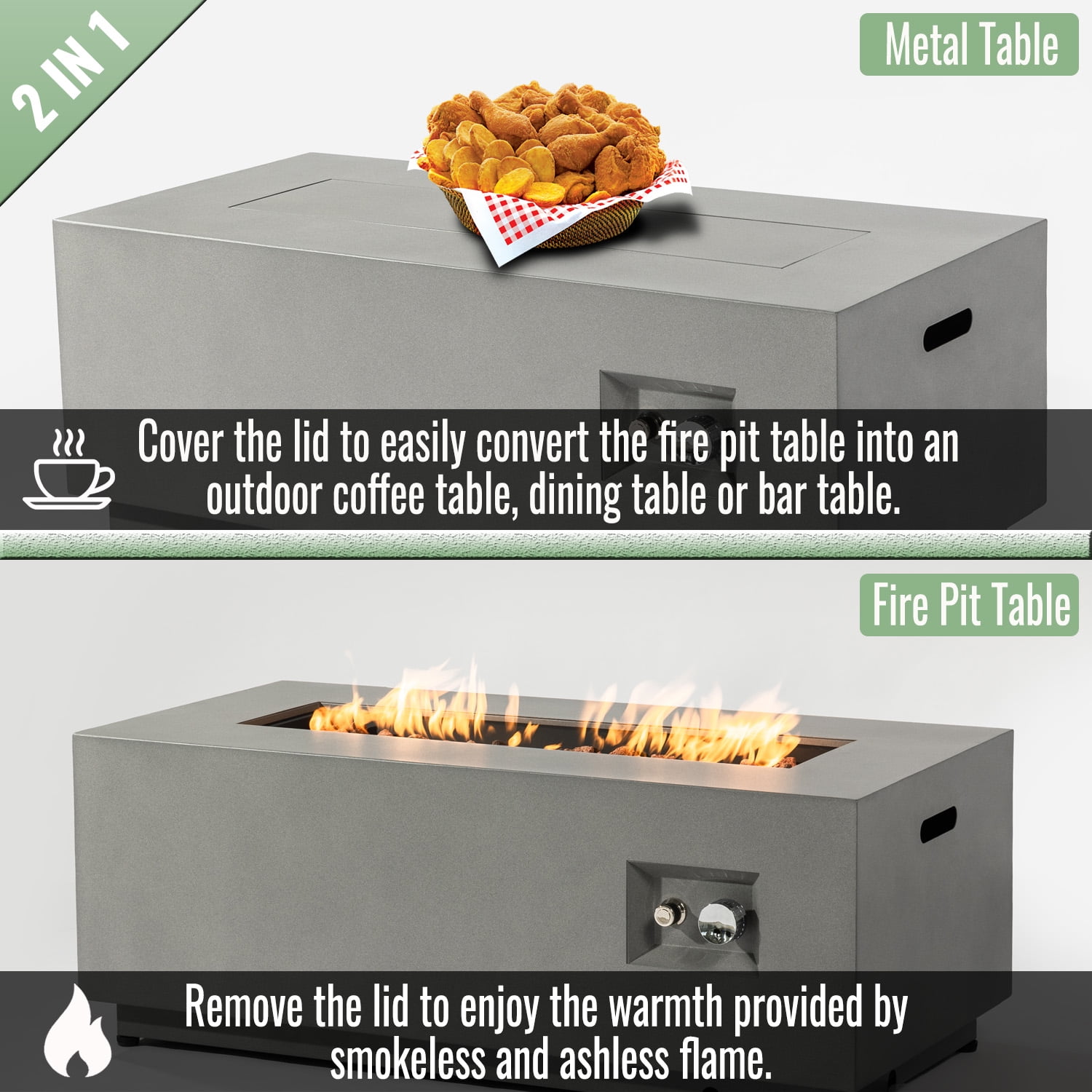 42" Propane Gas Fire Pit Table 2-Pieces, 50000 BTU Rectangular Steel Fire Pit with Glass Wind Guard for Outside Patio Deck Garden Courtyard -Gray