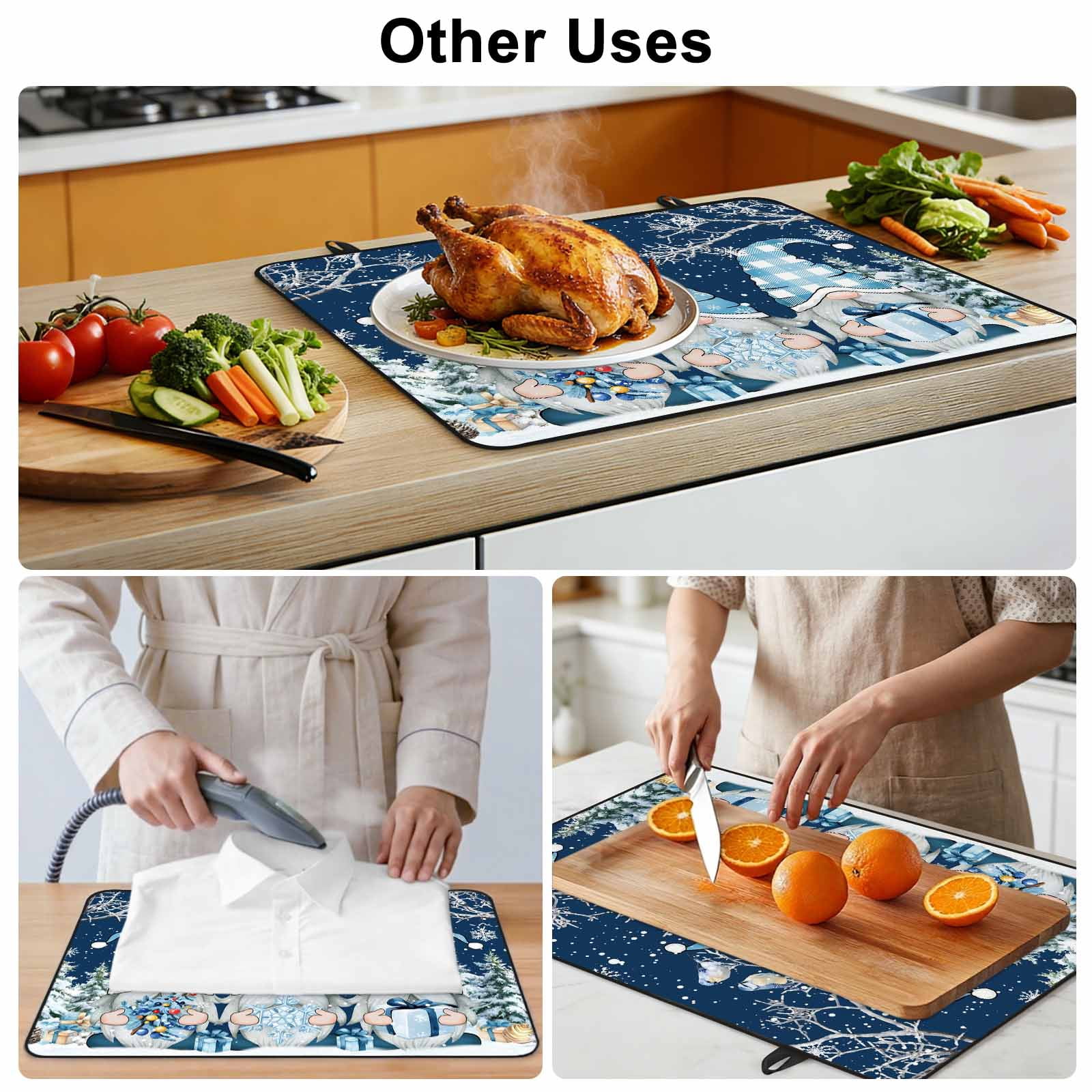 Navy Blue Gnomes Christmas Stove Top Cover for Electric Stove, Heat-proof & Non Slip Glass Top Stove Cover Protector, Snowflake Xmas Tree Winter Branches Kitchen Flat Cooktop Rubber Mat 24x21 Inches