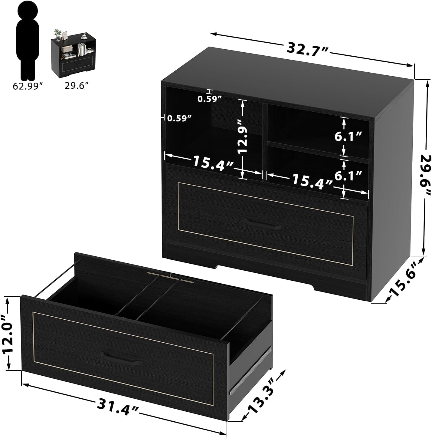 LVB Lateral Filing Cabinet with Drawer, Black Wood File Cabinet Printer Stand with Storage Shelves for Home Office, Modern Printer Cabinets Fits A4 Letter Legal Size with Hanging Folder, 32.7 Inch
