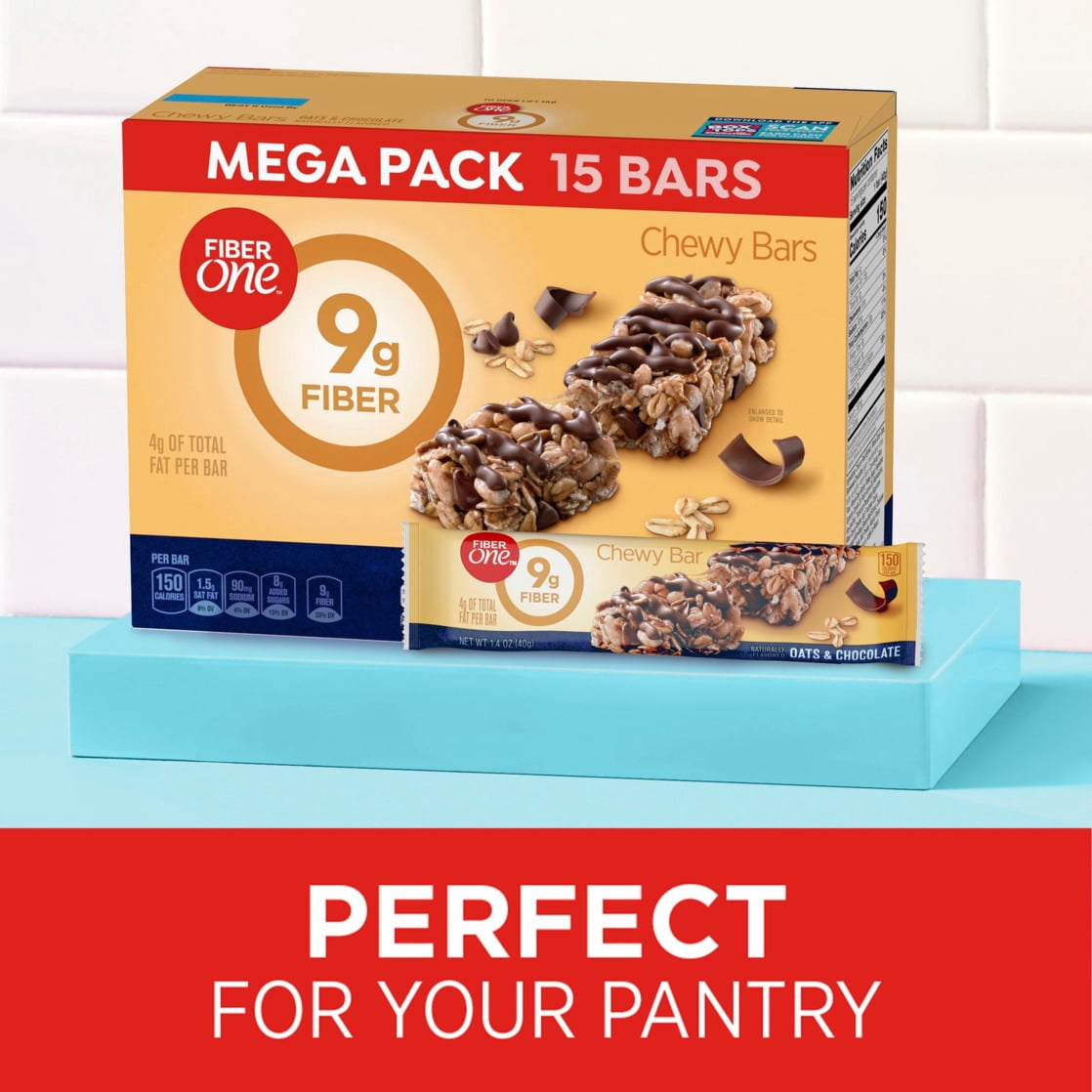 (4 pack) Fiber One Chewy Bars, Oats and Chocolate, Fiber Snacks, Mega Pack, 15 Count, 21.2 oz