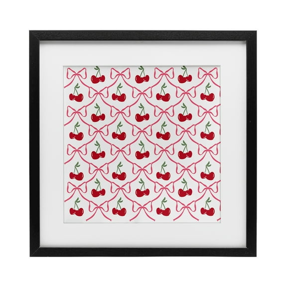 Stupell Industries Cute Cherries & Bows Pattern Black Framed Print Under Glass design by Lucille Price, 13 x 13