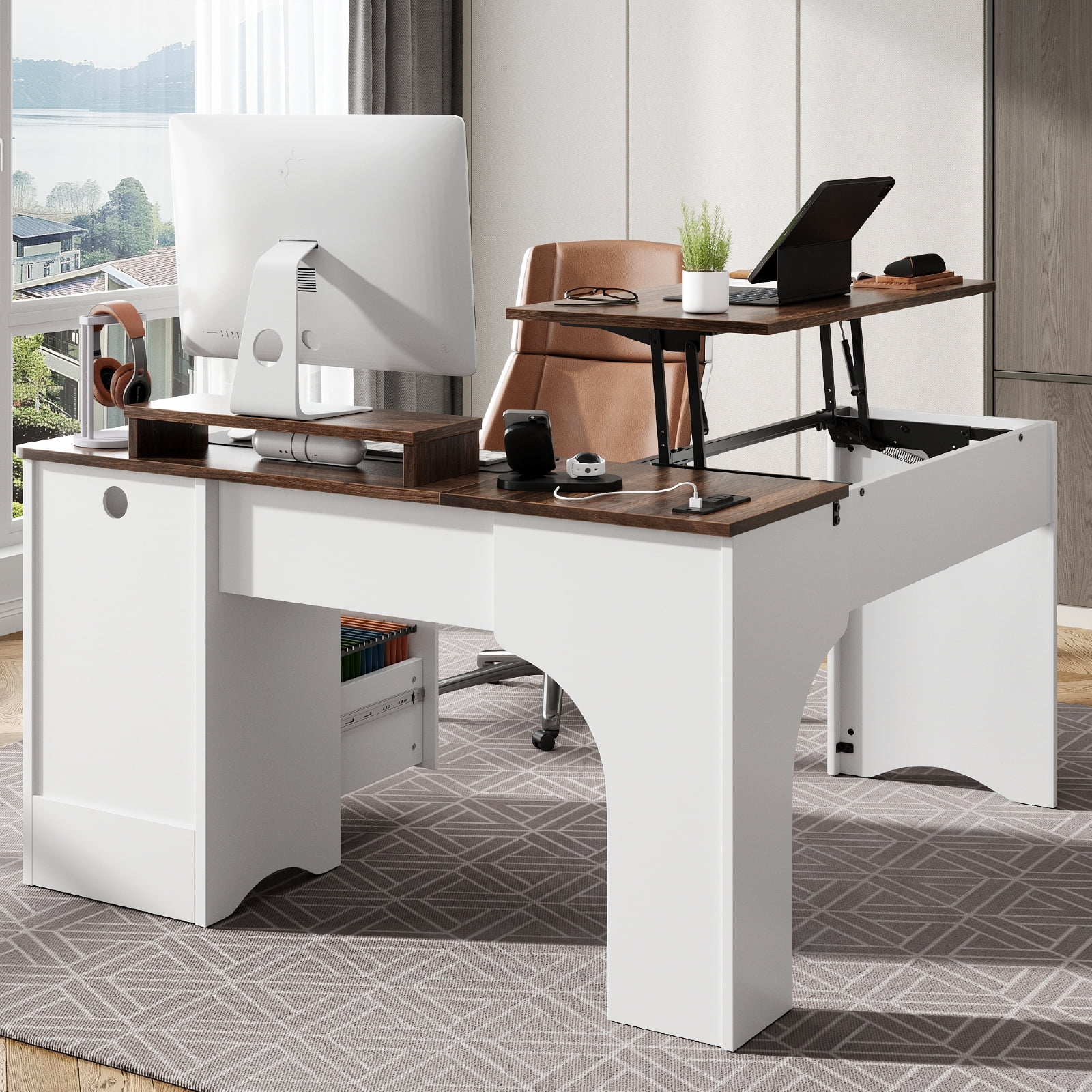 Bestier 55" L-shaped Computer PC Desk Lift Top with Power Outlets Storage Drawers and Monitor Stand, Walnut and White